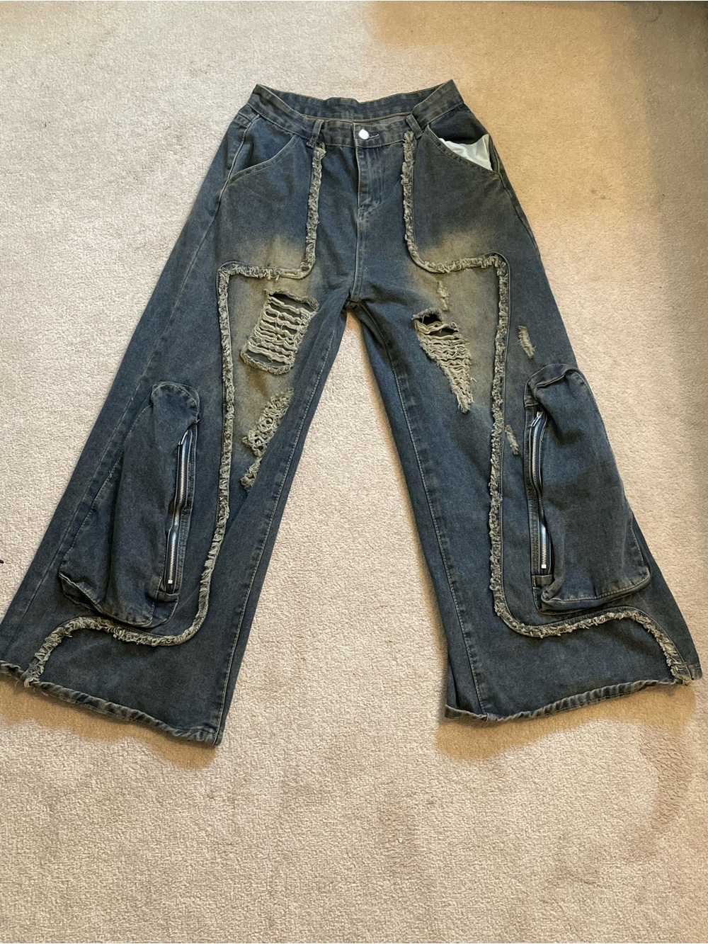 Temu- deconstructed fringe pants, designer style w/ large pockets & ripped denim